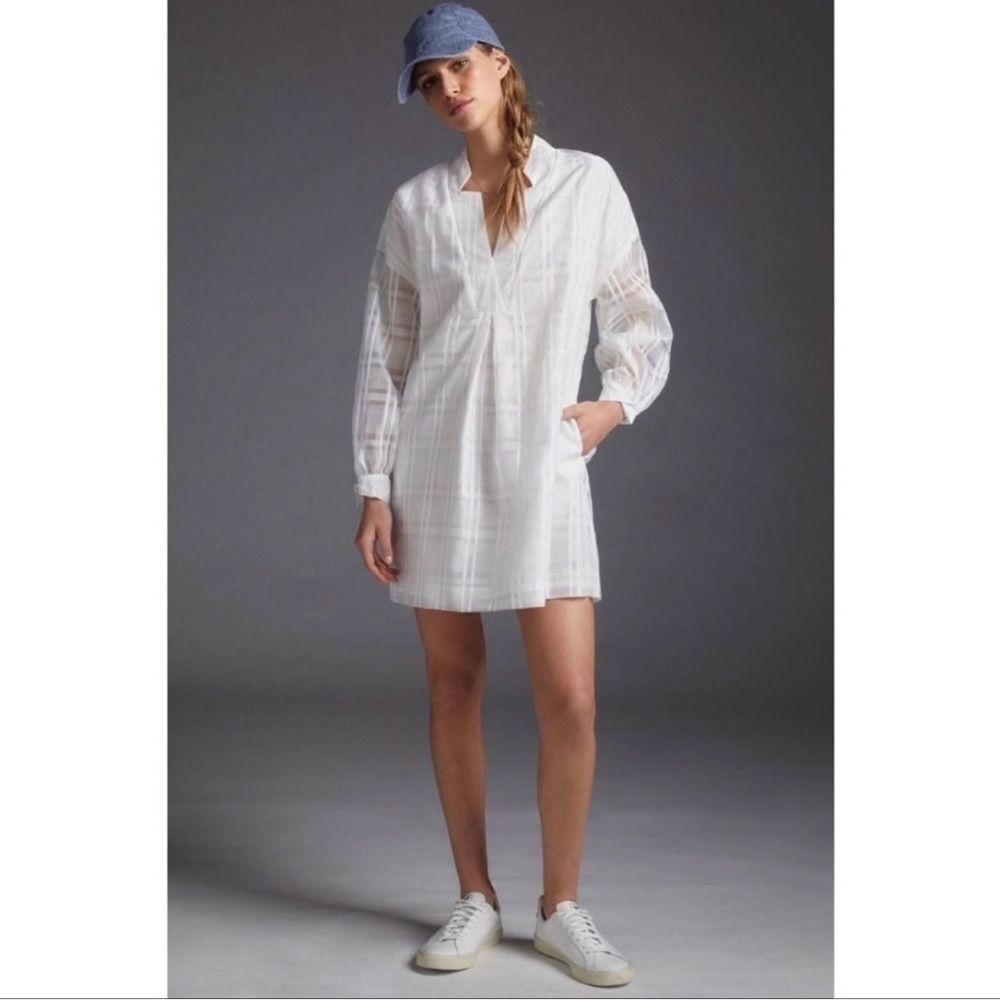 Mare Mare X Anthropologie NWT White Plaid Textured Tunic Dress Medium Clean Girl